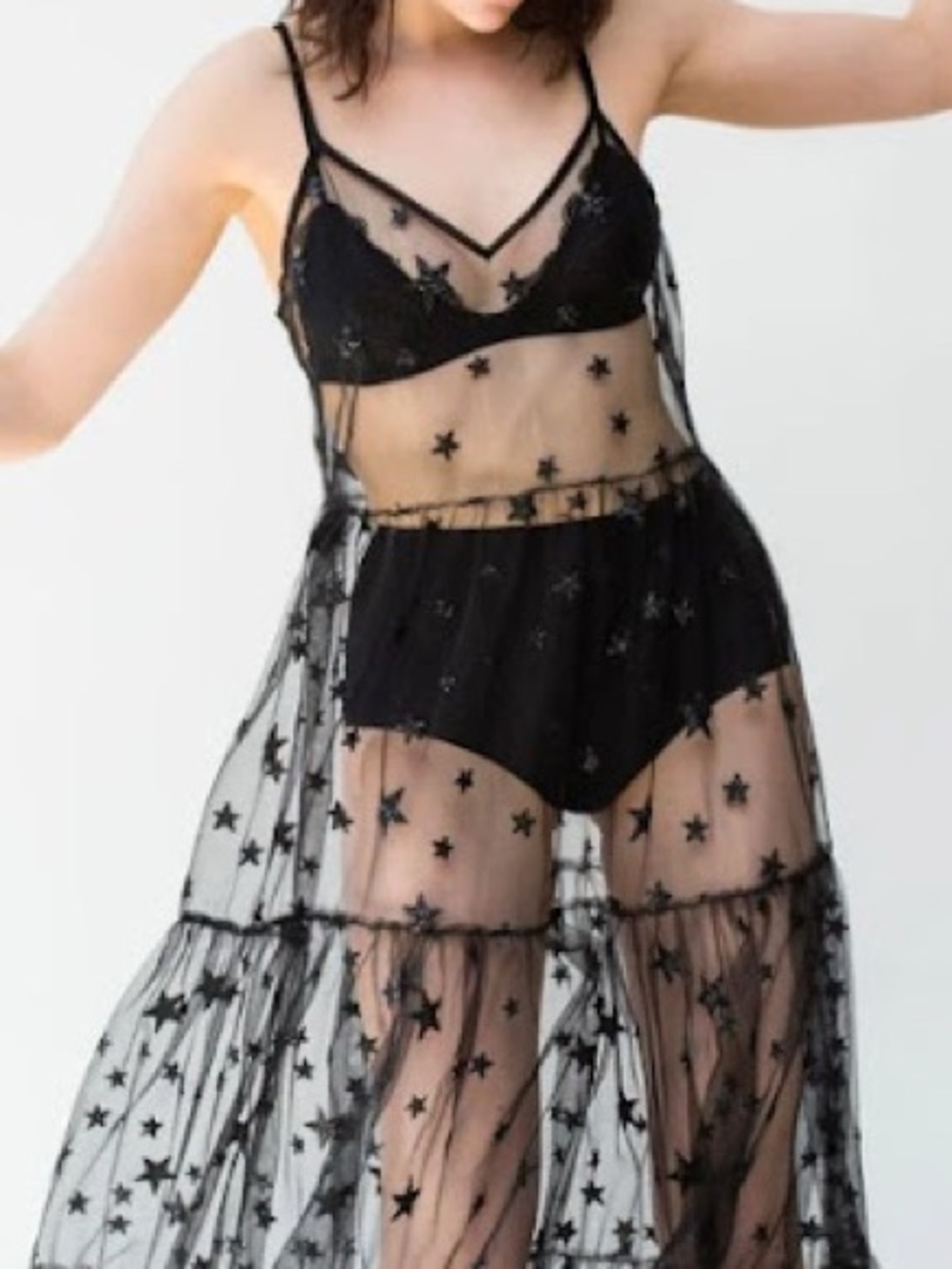 Lirika Matoshi Black Star-Embroidered Sheer Maxi Dress